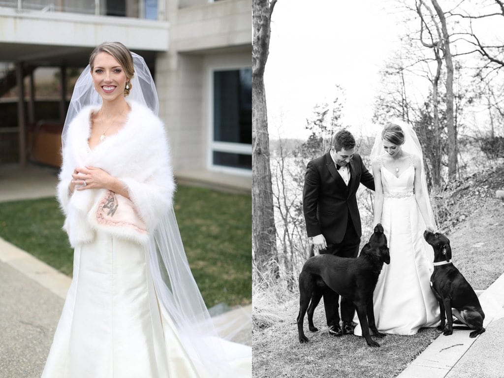 bride and groom dog at winter wedding