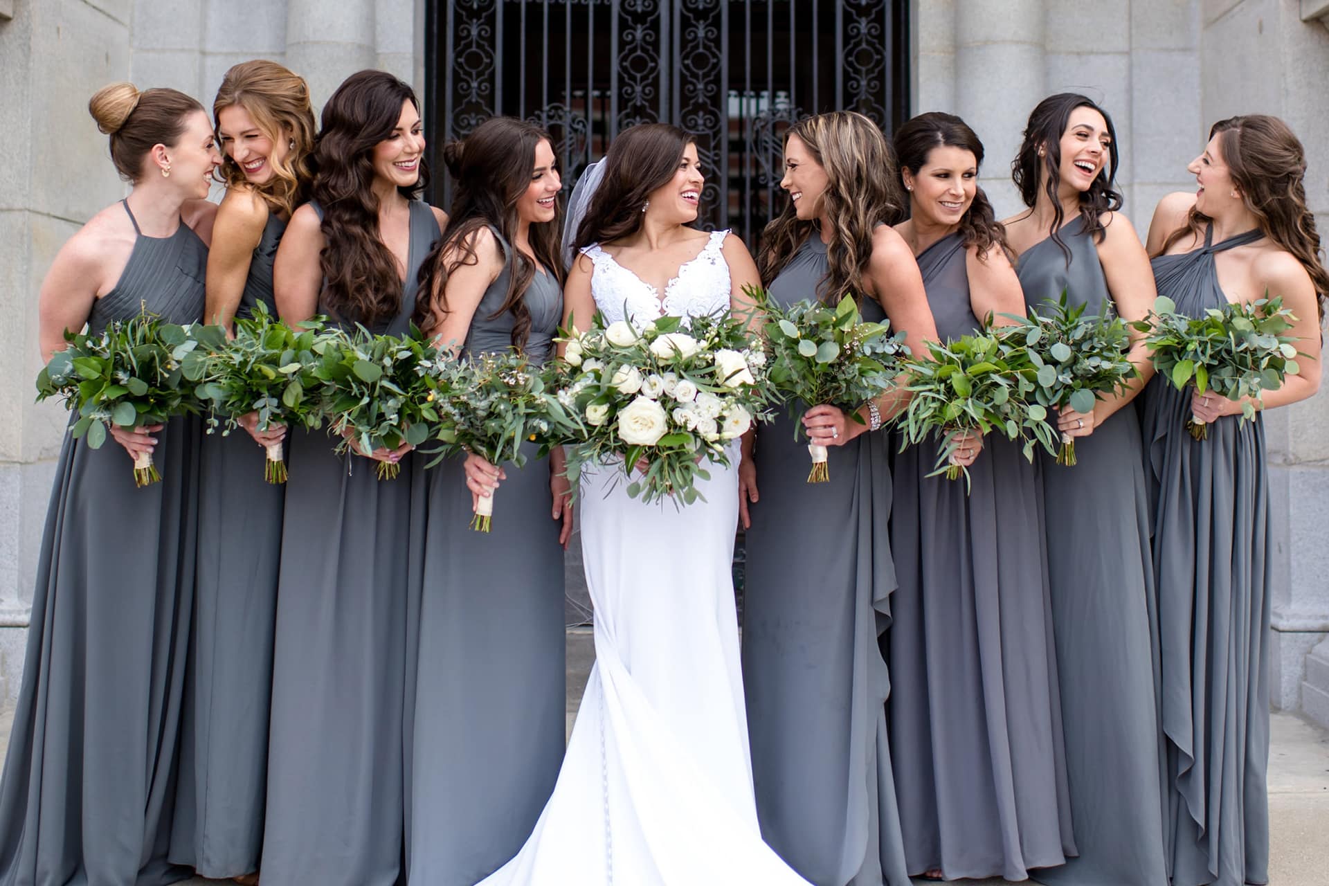 Bridesmaids in gray and white florals