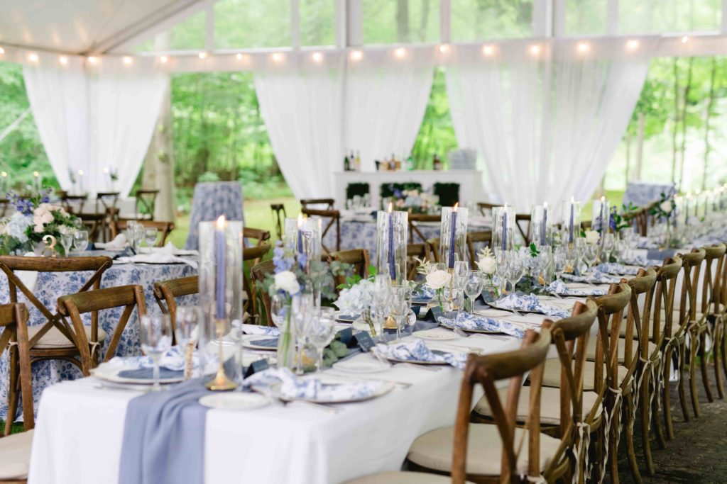 Blue and white tent wedding 