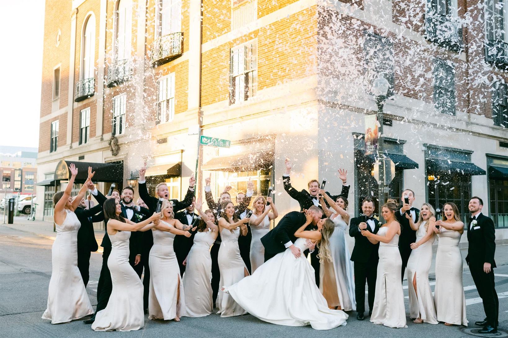 Bridal Party celebrating outside the Colony Club Detroit