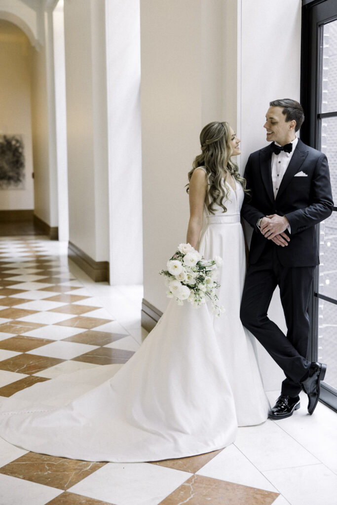 Shinola wedding bride and groom in hallway by the Bixby Room