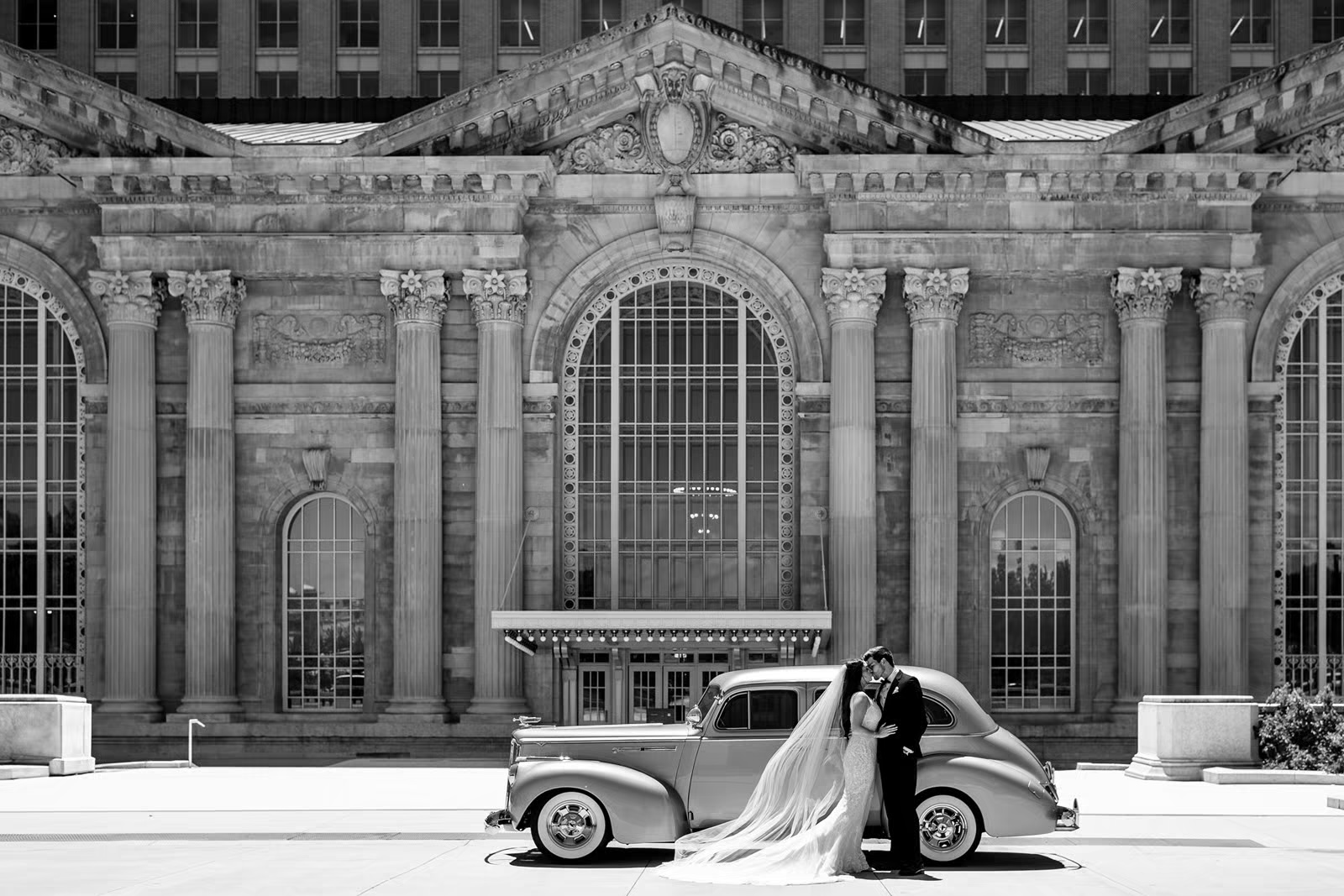 Bride and Groom vintage car Central Station wedding Detroit