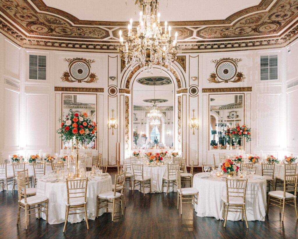 Grand ballroom wedding venue featuring classic Detroit architectural details
